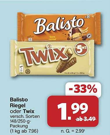 Balisto Riegel oder Twix versch. Sorten 148/250-g-Packung (1 kg ab 7,96)