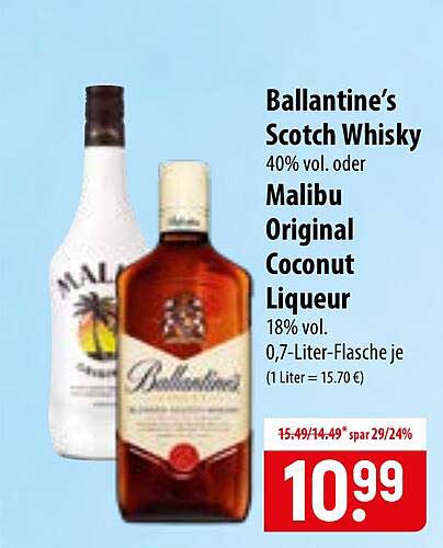 Ballantine’s Scotch Whisky 40% vol. oder Malibu Original Coconut Liqueur 18% vol. 0,7-Liter-Flasche je