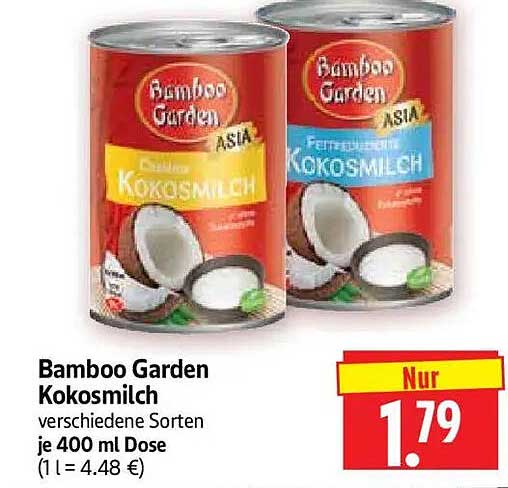 Bamboo Garden Kokosmilch verschiedene Sorten je 400 ml Dose (1 l = 4,48 €)