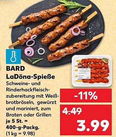 BARD LaDöna-Spieße Schweine- und Rinderhackfleischzubereitung mit Weißbrotbröseln, gewürzt und mariniert, zum Braten oder Grillen je 5 St. = 400-g-Packg. (1 kg = 9.98)