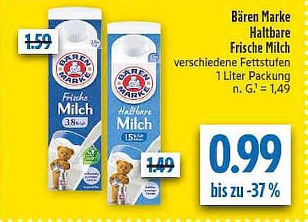 Bären Marke Haltbare Frische Milch verschiedene Fettstufen 1 Liter Packung