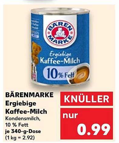 BÄRENMARKE Ergiebige Kaffee-Milch Kondensmilch, 10 % Fett je 340-g-Dose (1 kg = 2.92)