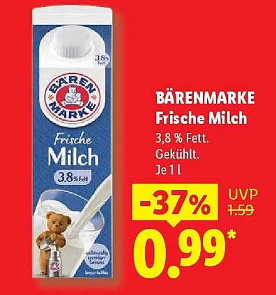 BÄRENMARKE Frische Milch 3,8 % Fett. Gekühlt. Je 1 l