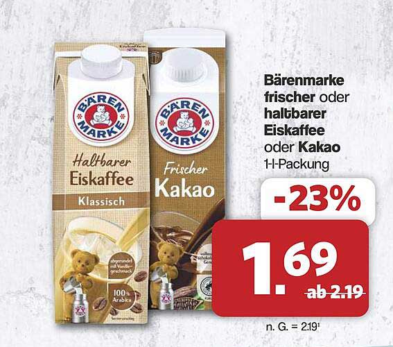 Bärenmarke frischer oder haltbarer Eiskaffee oder Kakao 1 l-Packung