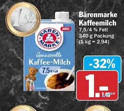 Bärenmarke Kaffeemilch 7,5/4 % Fett 340 g Packung (1 kg = 2.94)