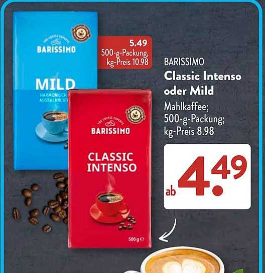 BARISSIMO Classic Intenso oder Mild Mahlkaffee; 500-g-Packung; kg-Preis 8.98
