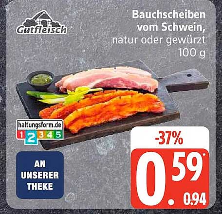 Bauchscheiben vom Schwein, natur oder gewürzt, 100 g