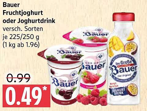 Bauer Fruchtjoghurt oder Joghurtdrink versch. Sorten je 225/250 g (1 kg ab 1.96)