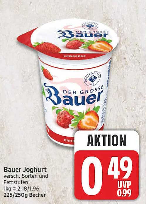 Bauer Joghurt versch. Sorten und Fettstufen 1kg = 2,18/1,96, 225/250g Becher