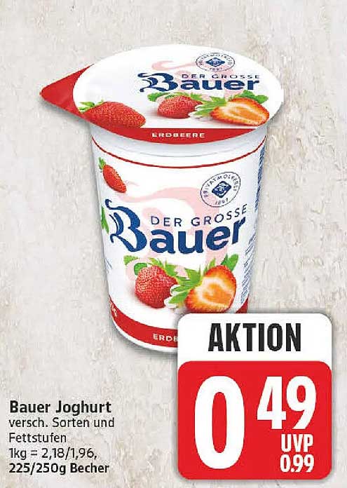 Bauer Joghurt versch. Sorten und Fettstufen 1kg = 2,18/1,96, 225/250g Becher