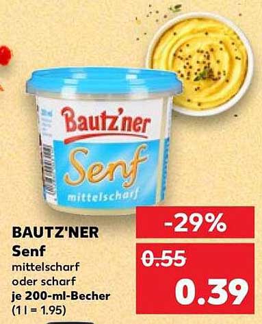 BAUTZ'NER Senf mittelscharf oder scharf je 200-ml-Becher (1 l = 1.95)