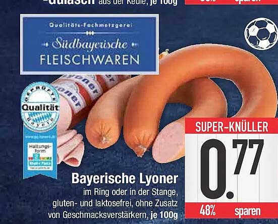 Bayerische Lyoner im Ring oder in der Stange, gluten- und laktosefrei, ohne Zusatz von Geschmacksverstärkern, je 100g