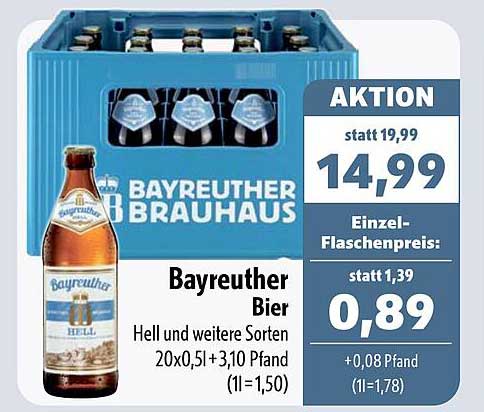 Bayreuther Bier Hell und weitere Sorten 20x0,5l +3,10 Pfand (1l=1,50)