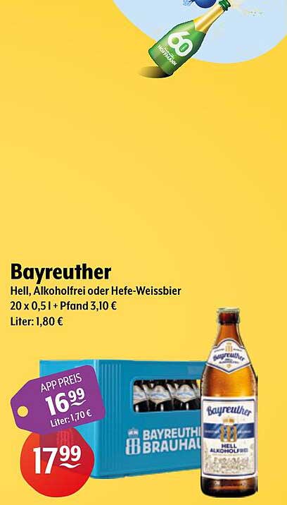 Bayreuther Hell, Alkoholfrei oder Hefe-Weissbier 20 x 0,5 l + Pfand 3,10 €
