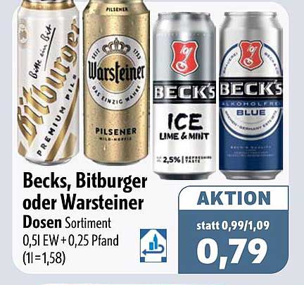 Becks, Bitburger oder Warsteiner Dosen Sortiment 0,5l EW+0,25 Pfand (1l=1,58)