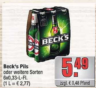 Beck's Pils oder weitere Sorten 6x0,33-L-Fl. (1 L = € 2,77)