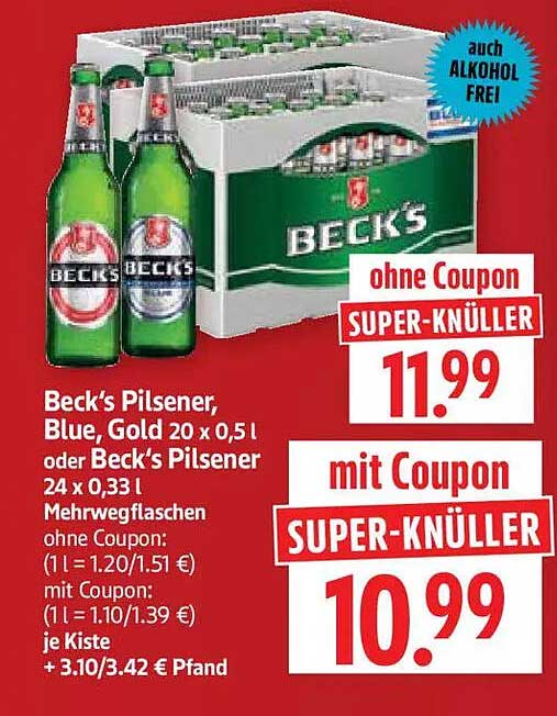 Beck's Pilsener, Blue, Gold 20 x 0,5 l oder Beck's Pilsener 24 x 0,33 l Mehrwegflaschen