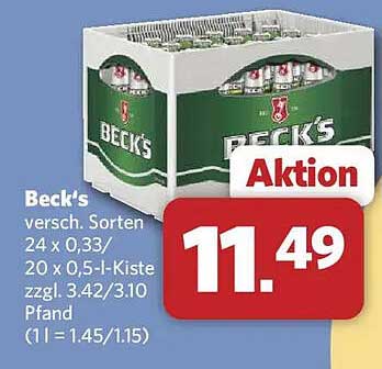Beck's versch. Sorten 24 x 0,33/20 x 0,5-L-Kiste zzgl. 3.42/3.10 Pfand (1 l = 1.45/1.15)