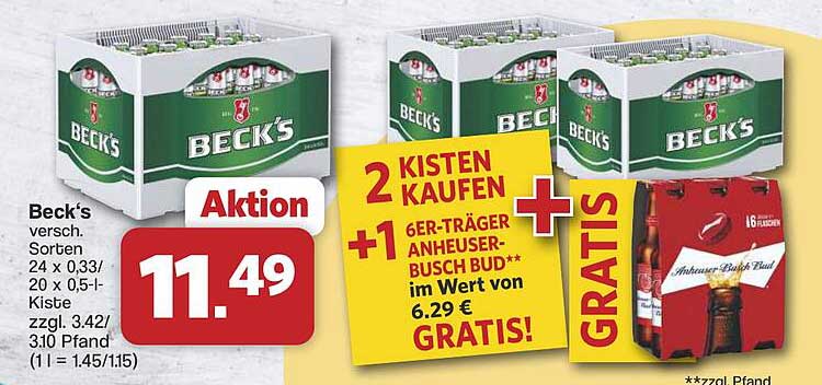 Beck's versch. Sorten 24 x 0,33/l, 20 x 0,5-l-Kiste zgl. 3.42/3.10 Pfand (1 l = 1.45/1.15)