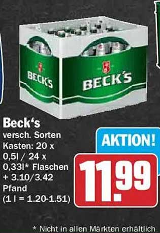 Beck's versch. Sorten Kasten: 20 x 0,5 l / 24 x 0,33 l* Flaschen + 3,10/3.42 Pfand (1 l = 1.20-1.51)