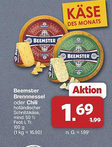 Beemster Brennnessel oder Chili holländischer Schnittkäse, mind. 50 % Fett i. Tr., 100 g (1 kg = 16.90)