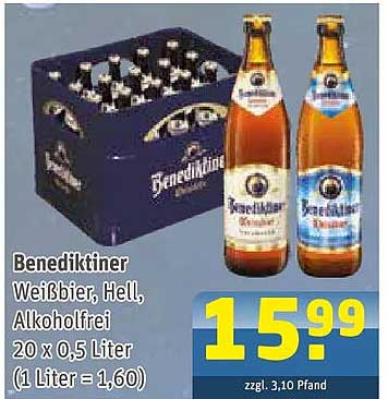 Benediktiner Weißbier, Hell, Alkoholfrei 20 x 0,5 Liter (1 Liter = 1,60)