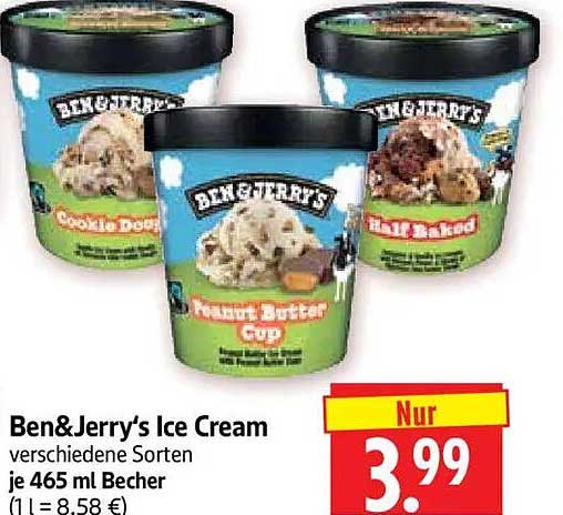 Ben&Jerry's Ice Cream verschiedene Sorten je 465 ml Becher (1 l = 8,58 €)