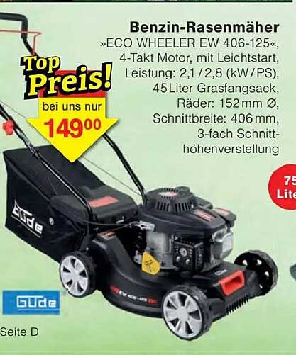 Benzin-Rasenmäher »ECO WHEELER EW 406-125«, 4-Takt Motor, mit Lichtstart, Leistung: 2,1/2,8 (KW/PS), 45 Liter Grasfangsack, Räder: 152 mm Ø, Schnittbreite: 406 mm, 3-fach Schnitthöhenverstellung