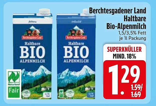 Berchtesgadener Land Haltbare Bio-Alpenmilch 1,5/3,5% Fett je 1l Packung