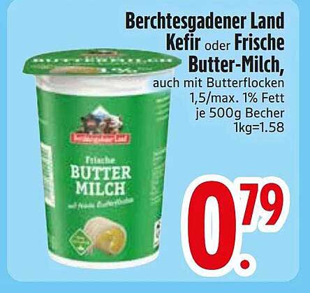 Berchtesgadener Land Kefir oder Frische Butter-Milch, auch mit Butterflocken, 1,5/max. 1% Fett, je 500g Becher