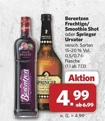 Berentzen Fruchtige/ Smoothie/ Shot oder Springer Urvater versch. Sorten 15-20 % Vol. 0,5/0,7-l-Flasche (11 ab 7.13)