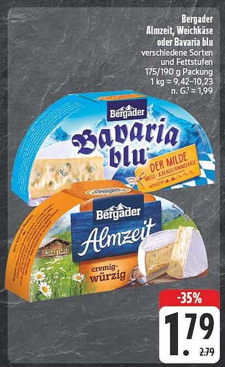 Bergader Almetz, Weichkäse oder Bavaria blu verschiedene Sorten und Fettstufen 175/190 g Packung