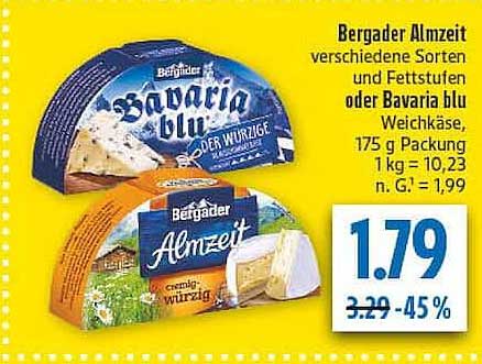 Bergader Almz eit verschiedene Sorten und Fettstufen oder Bavaria blu Weichkäse, 175 g Packung 1 kg = 10,23 n. G. = 1,99