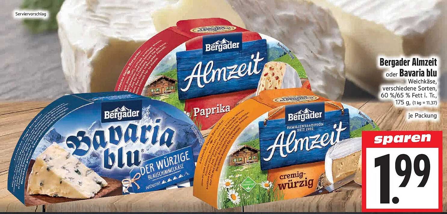 Bergader Almzeit oder Bavaria blu Weichkäse, verschiedene Sorten, 60 %/65 % Fett i. Tr., 175 g, (1 kg = 11.37)