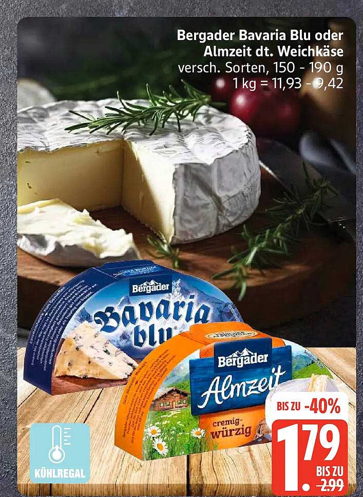 Bergader Bavaria Blu oder Almzeit dt. Weichkäse versch. Sorten, 150 - 190 g