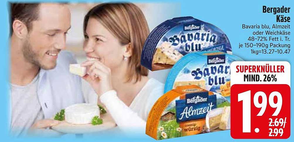 Bergader Käse Bavaria blu, Almkäse oder Weichkäse 48–72% Fett i. Tr. je 150-190g Packung