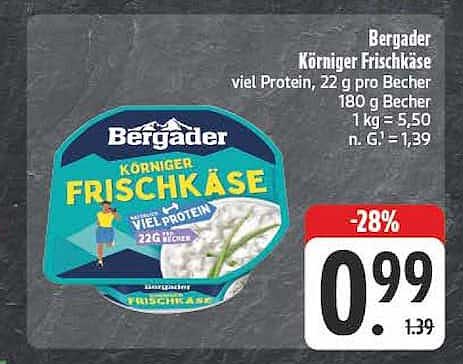 Bergader Körniger Frischkäse viel Protein, 22 g pro Becher 180 g Becher 1 kg = 5,50 n. G. 1,39