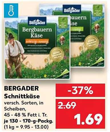 BERGADER Schnittkäse versch. Sorten, in Scheiben, 45 - 48 % Fett i. Tr. je 130 - 170-g-Packg. (1 kg = 9,95 - 13,00)