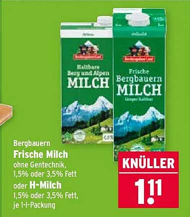 Bergbauern Frische Milch ohne Gentechnik, 1,5% oder 3,5% Fett oder H-Milch 1,5% oder 3,5% Fett, je 1-L-Packung