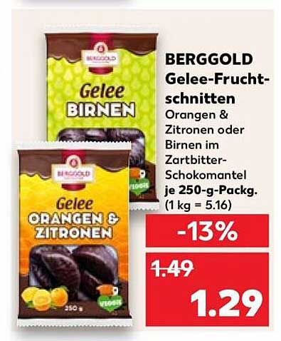 BERGGOLD Gelee-Frucht-schnitten Orangen & Zitronen oder Birnen im Zartbitter-Schokoladenmantel je 250-g-Packg. (1 kg = 5.16)