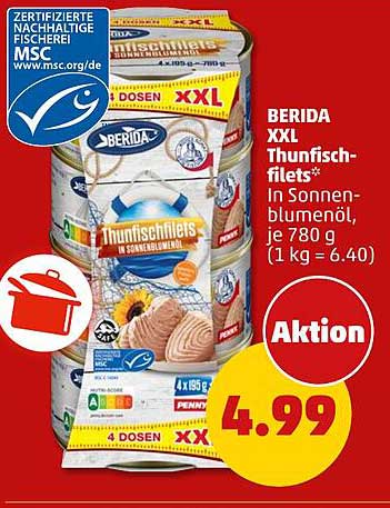 BERIDA XXL Thunfischfilets in Sonnenblumenöl, je 780 g (1 kg = 6.40)