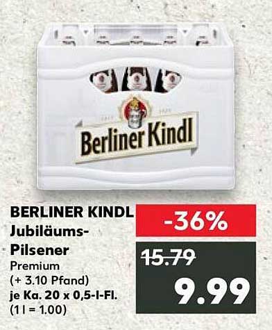 BERLINER KINDL Jubiläums-Pilsener Premium (+ 3.10 Pfand) je Ka. 20 x 0,5-l-Fl. (1 l = 1.00)