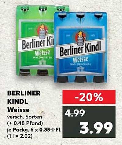 BERLINER KINDL Weisse versch. Sorten (+ 0.48 Pfand) je Packg. 6 x 0,33-l-Fl. (1 l = 2.02)