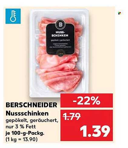 BERSCHNEIDER Nussschinken gepökelt, geräuchert, nur 3 % Fett je 100-g-Packg. (1 kg = 13.90)