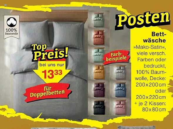 Bettwäsche »Mako-Satin«, viele versch. Farben oder bedruckt, 100% Baumwolle, Decke: 200x200 cm oder 200x220 cm + je 2 Kissen: 80x80 cm