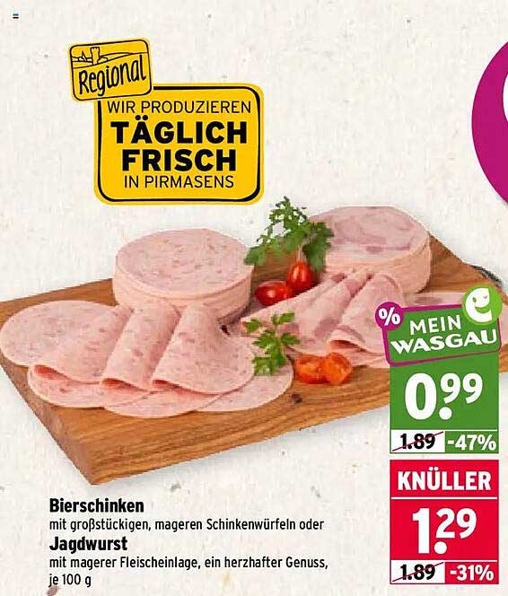 Bierschinken mit großstückigen, mageren Schinkenwürfeln oder Jagdwurst mit magerer Fleischeinlage, ein herzhafter Genuss, je 100 g