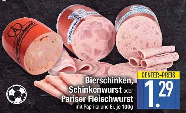 Bierschinken, Schinkenwurst oder Pariser Fleischwurst mit Paprika und Ei, je 100g