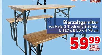 Bierzeltgarnitur aus Holz, 1 Tisch und 2 Bänke, L 117 x B 56 x H 78 cm