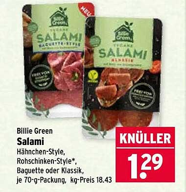 Billie Green Salami Hähnchen-Style, Rohschinken-Style*, Baguette oder Klassik, je 70-g-Packung, kg-Preis 18.43