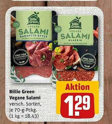 Billie Green Vegane Salami versch. Sorten, je 70-g-Packg. (1 kg = 18.43)